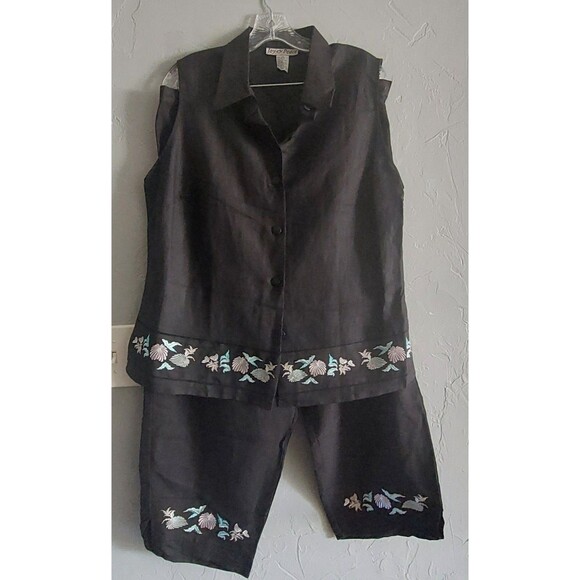JOY Y PEACE  Set Pant & Blouse, Linen,Rayón, Black Color, Embroidery, Women's 2X - Picture 1 of 15